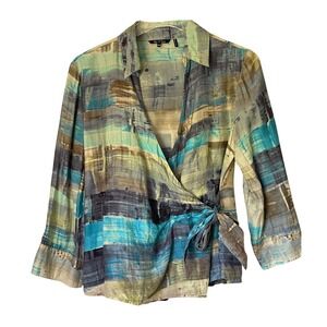 Nic + Zoe Women Blue Abstract Wrap Top Petite Medium Silk Blend Side Tie Blouse
